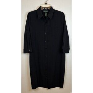 LAUREN RALPH LAUREN Black Button Wool Blend Shirt Dress Women 12 Midi 3/4 Office